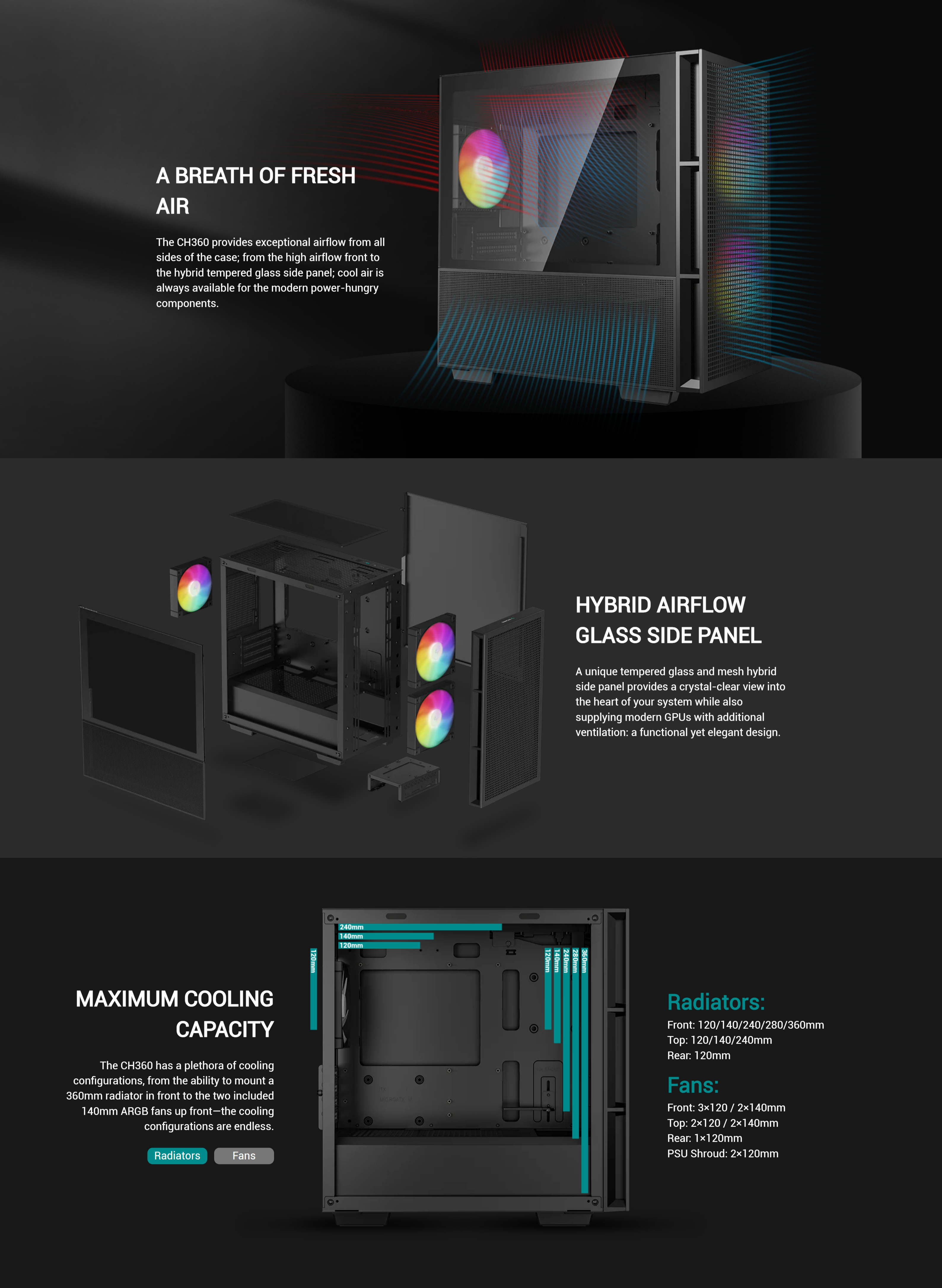 A large marketing image providing additional information about the product DeepCool CH360 mATX Case - Black - Additional alt info not provided